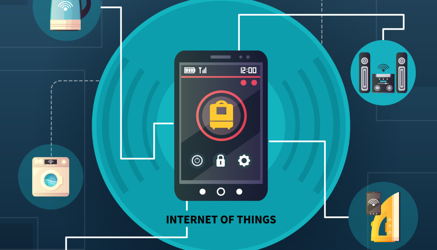 A conceptual image of the Internet of Things (IoT) with connected devices and data streams